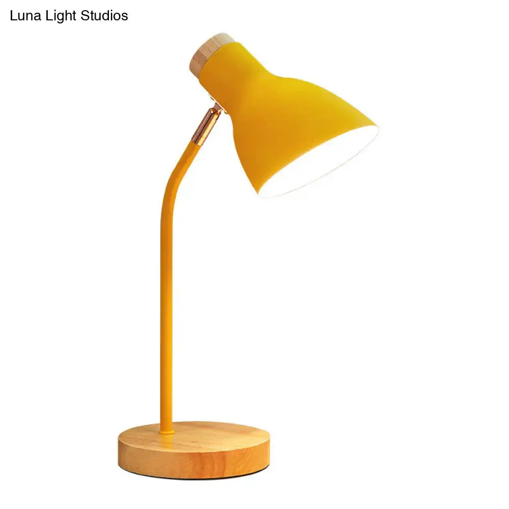 Yellow macaron metal table light with wooden base and neck matte finish adjustable gooseneck lamp for bedroom