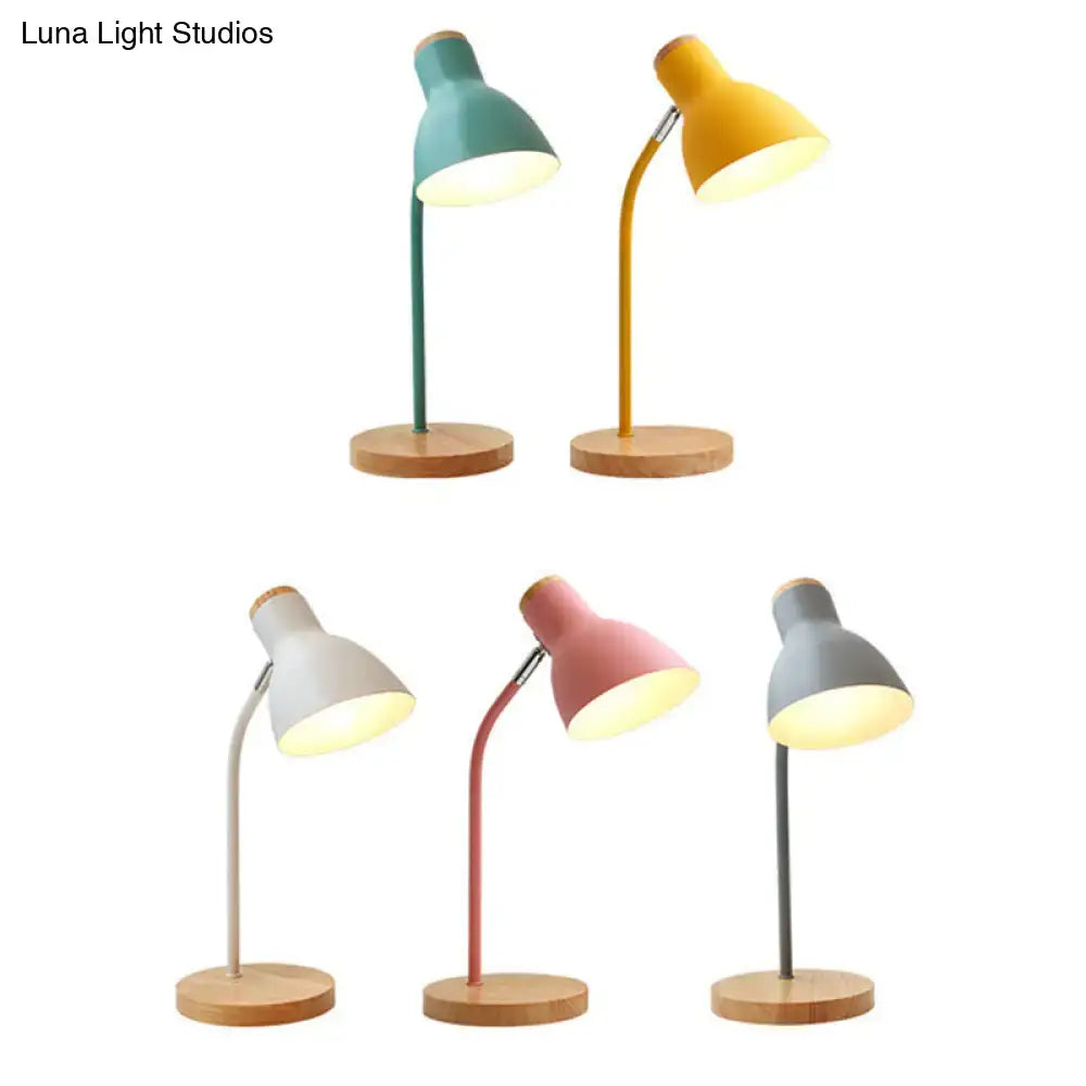 Set of five modern white pink green macaron metal table lights with adjustable gooseneck and wooden bases for bedroom use