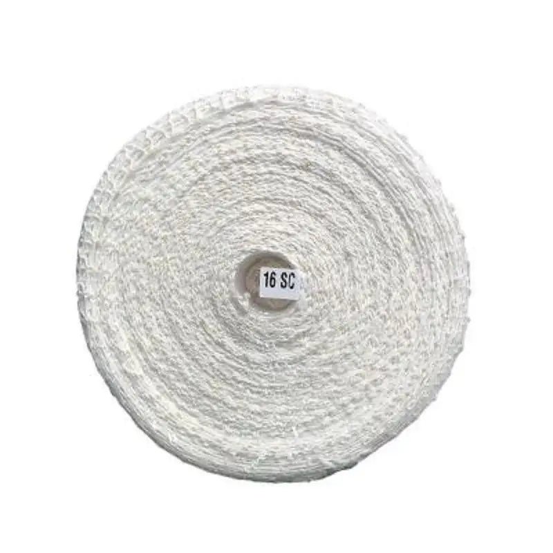 White tightly woven fiberglass rope coiled roll labeled 16 sc in a white mesh bbq net bundle for pork roasting