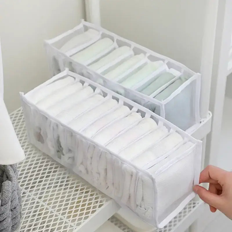 White mesh underwear organizer box set with clear side panels and divided compartments for wardrobe storage
