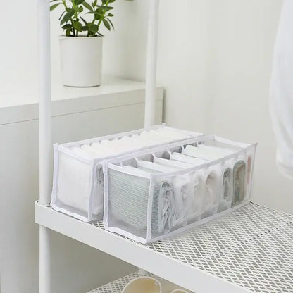 White transparent mesh organizer box set with six compartments neatly holding folded underwear for wardrobe storage