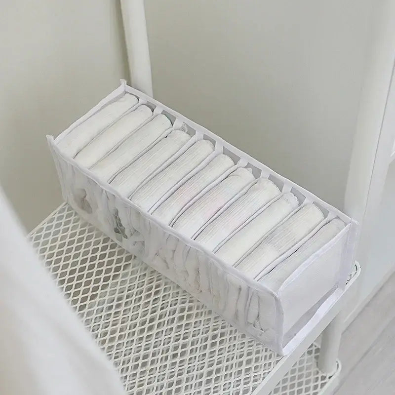 White mesh underwear organizer box set with ten clear compartments neatly holding folded white underwear for wardrobe storage