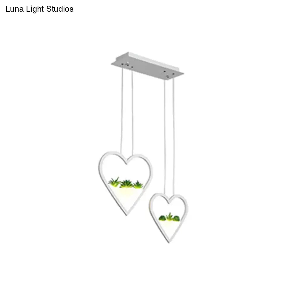 White Metal Cluster Pendant with Loving Heart Design - LED Plant Ceiling Light for Dining Room with 2/3 Simple Heads