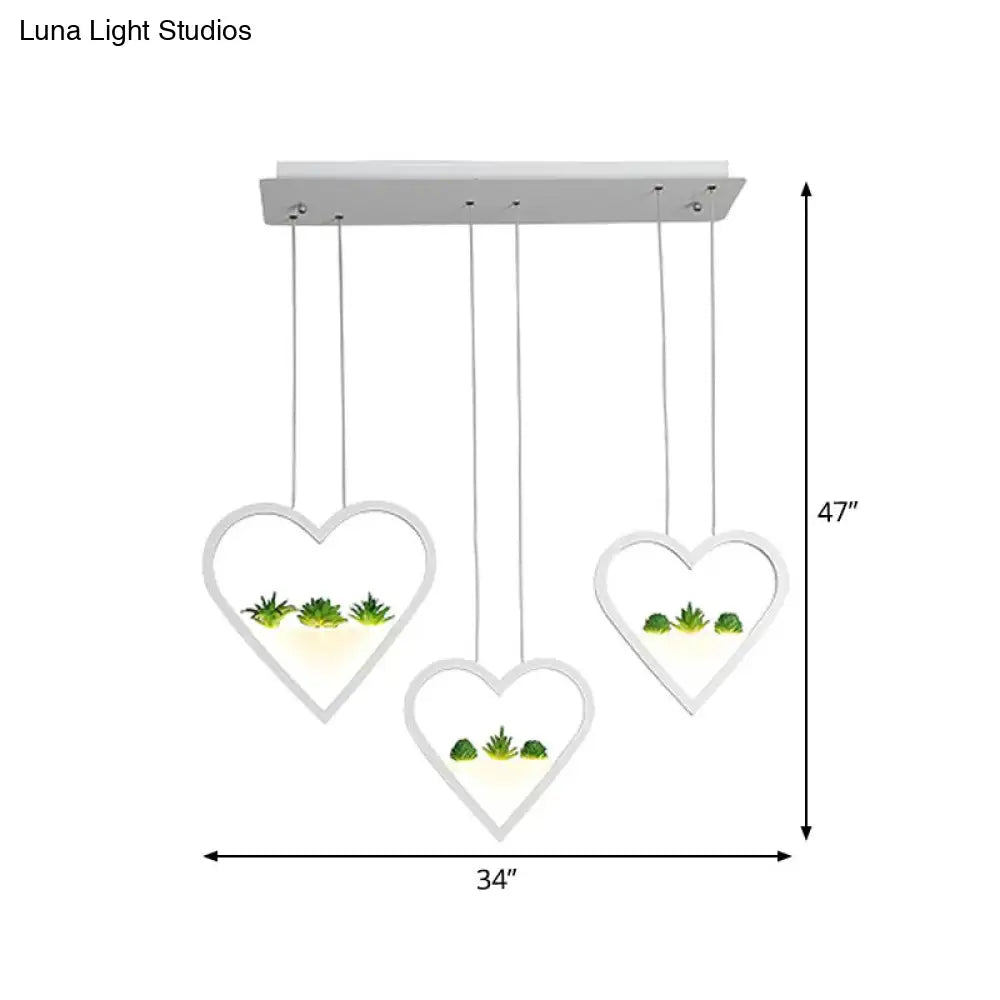 White Metal Cluster Pendant with Loving Heart Design - LED Plant Ceiling Light for Dining Room with 2/3 Simple Heads