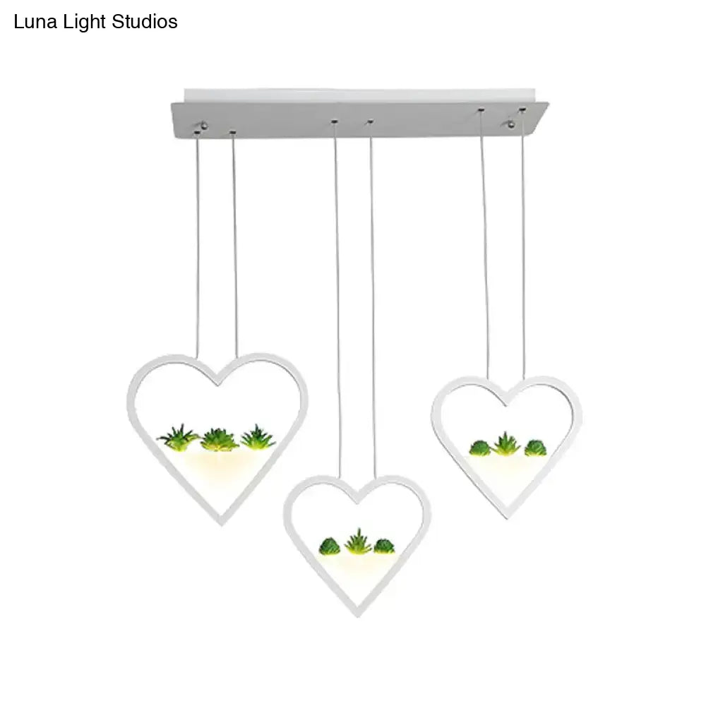 White Metal Cluster Pendant with Loving Heart Design - LED Plant Ceiling Light for Dining Room with 2/3 Simple Heads