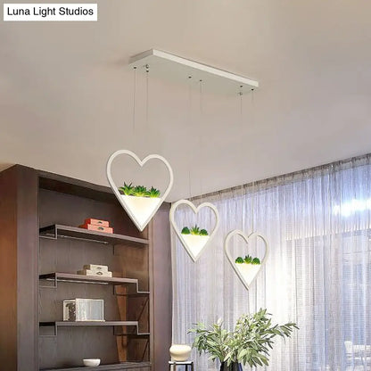 White Metal Cluster Pendant with Loving Heart Design - LED Plant Ceiling Light for Dining Room with 2/3 Simple Heads