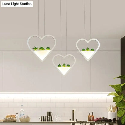 White Metal Cluster Pendant with Loving Heart Design - LED Plant Ceiling Light for Dining Room with 2/3 Simple Heads