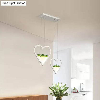 White Metal Cluster Pendant with Loving Heart Design - LED Plant Ceiling Light for Dining Room with 2/3 Simple Heads