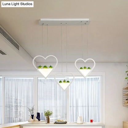 White Metal Cluster Pendant with Loving Heart Design - LED Plant Ceiling Light for Dining Room with 2/3 Simple Heads