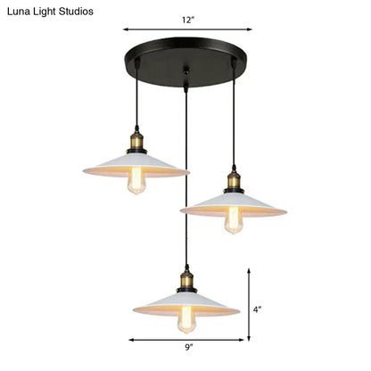 White Metal Pendant Light with 3 Industrial Saucer Hanging Ceiling Lights - Linear/Round Canopy