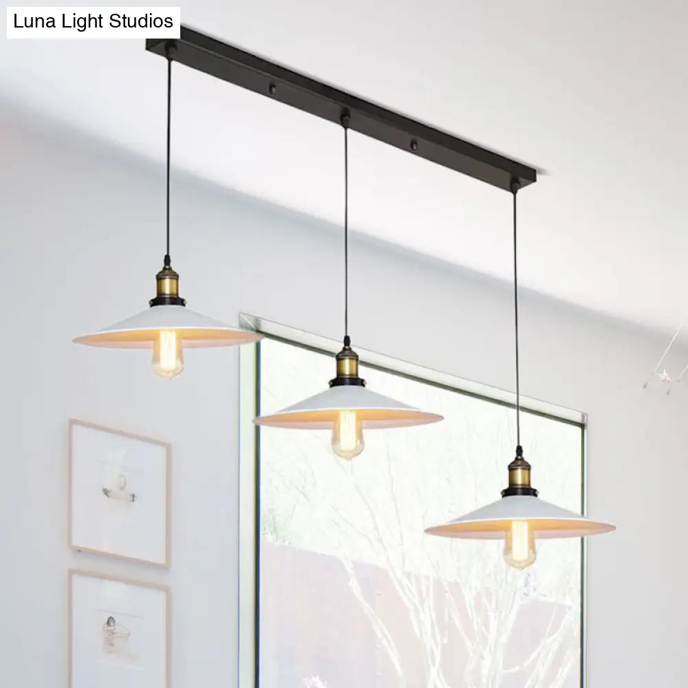 White Metal Pendant Light with 3 Industrial Saucer Hanging Ceiling Lights - Linear/Round Canopy