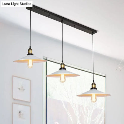 White Metal Pendant Light with 3 Industrial Saucer Hanging Ceiling Lights - Linear/Round Canopy