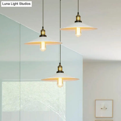 White Metal Pendant Light with 3 Industrial Saucer Hanging Ceiling Lights - Linear/Round Canopy