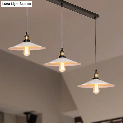 White Metal Pendant Light with 3 Industrial Saucer Hanging Ceiling Lights - Linear/Round Canopy