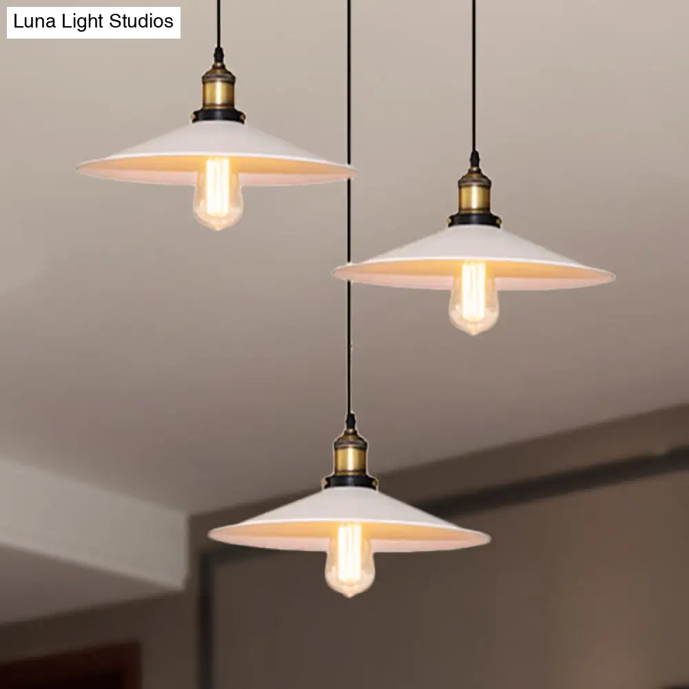 White Metal Pendant Light with 3 Industrial Saucer Hanging Ceiling Lights - Linear/Round Canopy