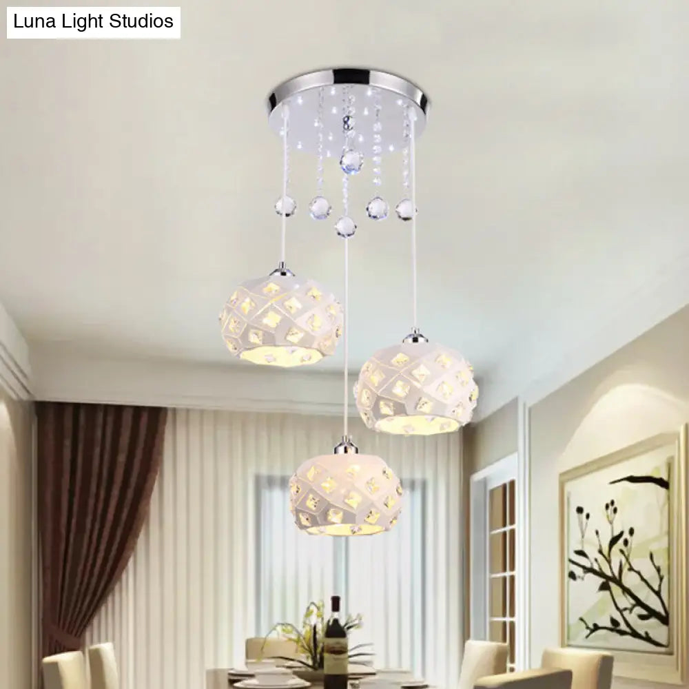 White Modernist Drum Cluster Pendant Iron Ceiling Lamp - 3 Heads with Crystal Detail for Dining Room