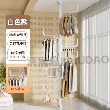 White 32mm diameter pipe-style multi tiered coat rack with multiple hanging levels and hangers by decorbites clothing storage