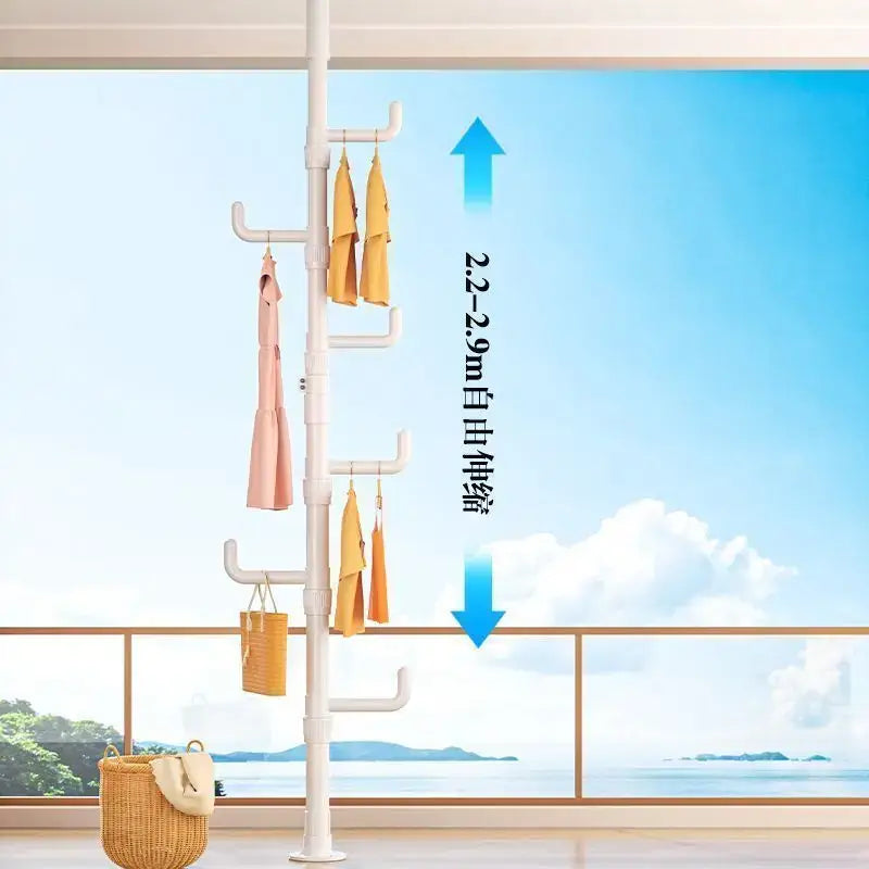 White adjustable height coat rack with multiple hooks and woven basket for decorbites clothing storage hanging use