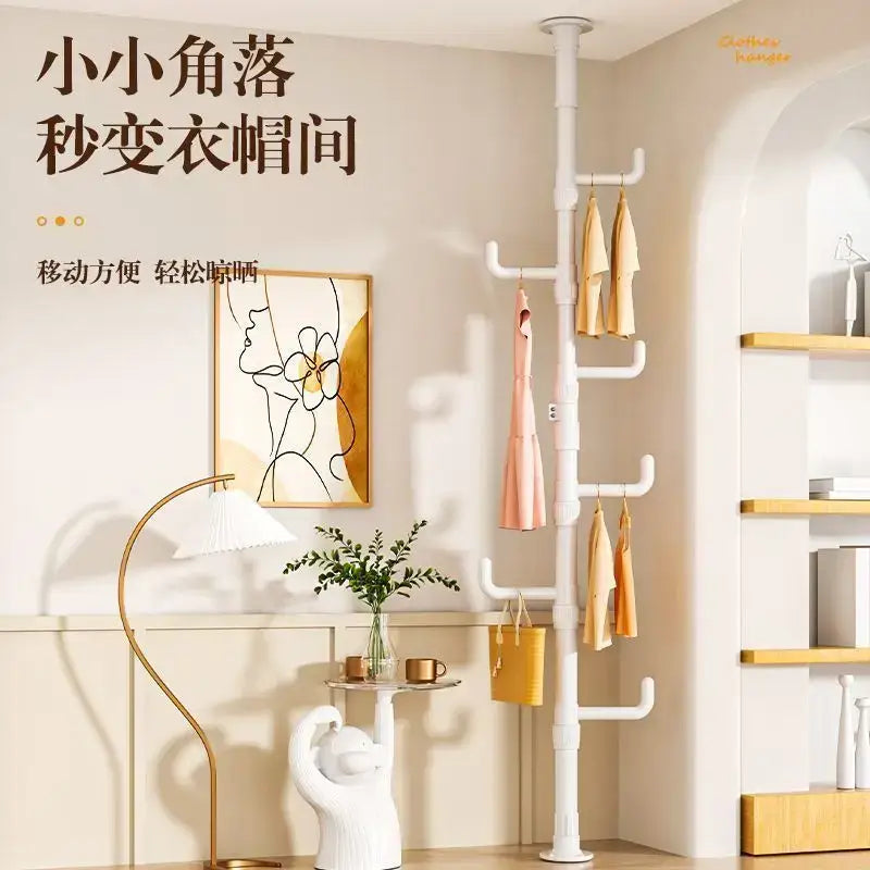 White multi tiered ladder coat rack with multiple hooks and base for decorbites clothing storage hanging in bedroom