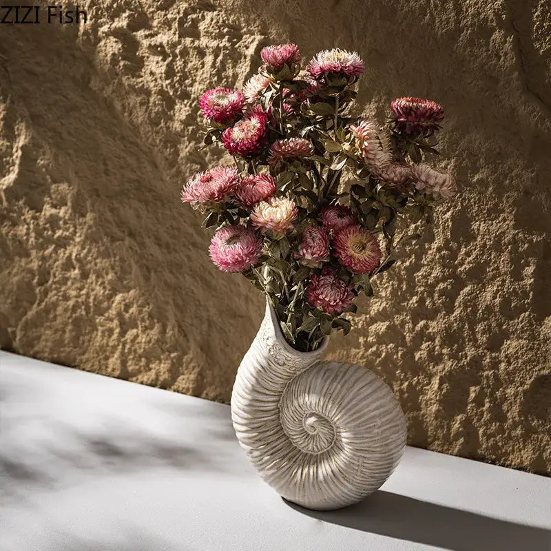 White nautilus conch ceramic vase with intricate spiral ridges by decorbites conch for bedroom and office decorbites conch ceramic