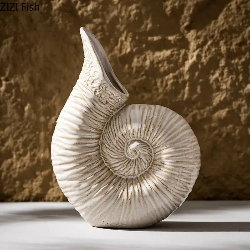 White nautilus conch ceramic vase with intricate spiral ridges and gold accents for bedroom and office decorbites conch ceramic