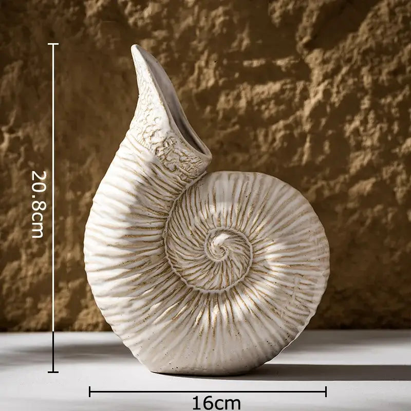 White nautilus conch ceramic vase with spiral ammonite shape and gold accents for bedroom and office decorbites conch ceramic