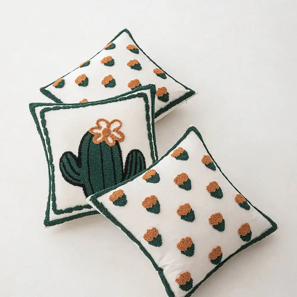 White pillow cover with green and orange cactus embroidery for living room decorbites cactus embroidery throw design