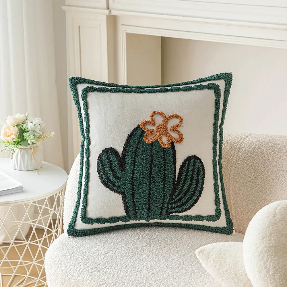 White pillow cover with orange and green decorbites cactus embroidery in textured yarn for living room decorbites cactus embroidery throw