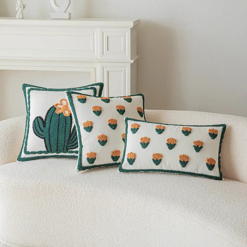 Set of three white pillow covers with green and orange decorbites cactus embroidery for living room decor