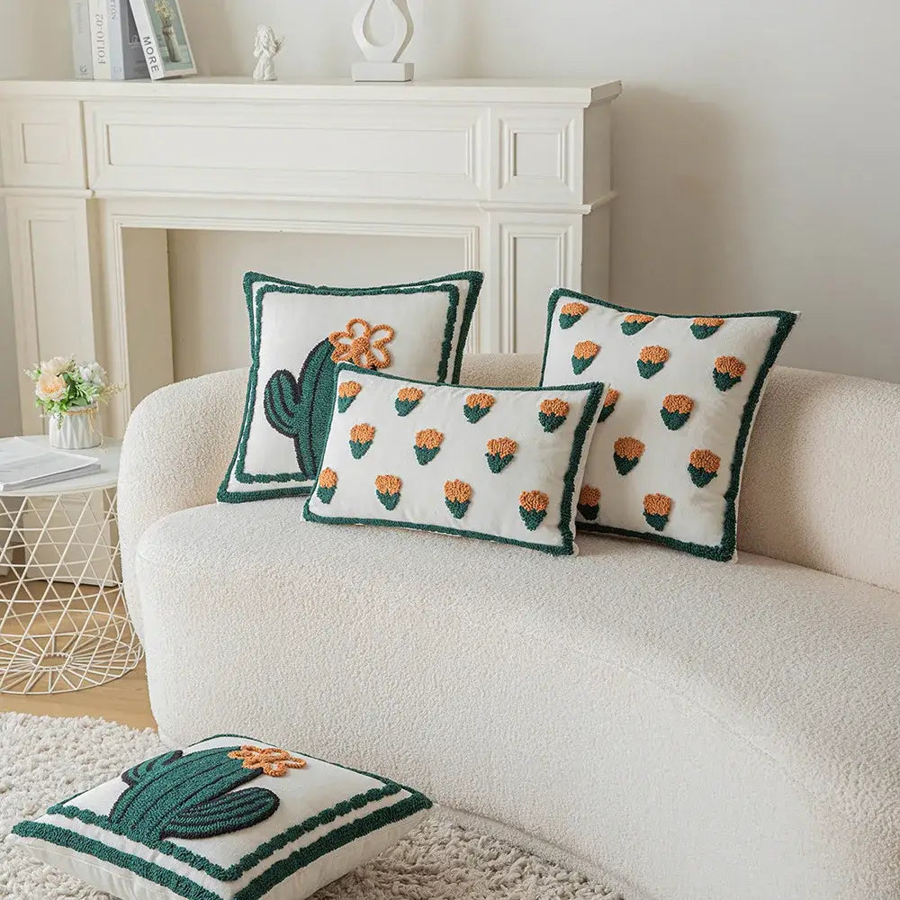 White and orange cactus embroidery throw pillow cover with plush textured fabric for living room decorbites cactus embroidery decor