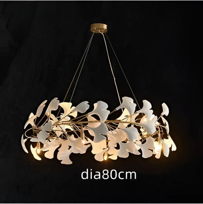 White orchid decorbites ginkgo chandelier with delicate white ginkgo leaf components in circular pendant light design