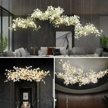 Elegant white orchid decorbites ginkgo chandelier with delicate petal elements suspended for living room lighting
