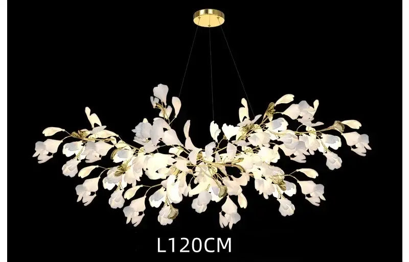 Elegant white floral decorbites ginkgo chandelier with gold-toned accents and modern branching design for living rooms