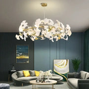 White orchid-shaped decorbites ginkgo chandelier with gold-toned metal framework for living room pendant light