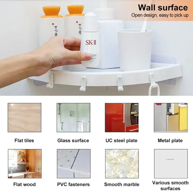 White plastic corner bathroom shelf organizer caddy with hooks for kitchen or bathroom shelf storage