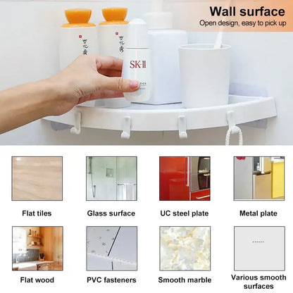 White plastic corner bathroom shelf organizer caddy with hooks for kitchen or bathroom shelf storage