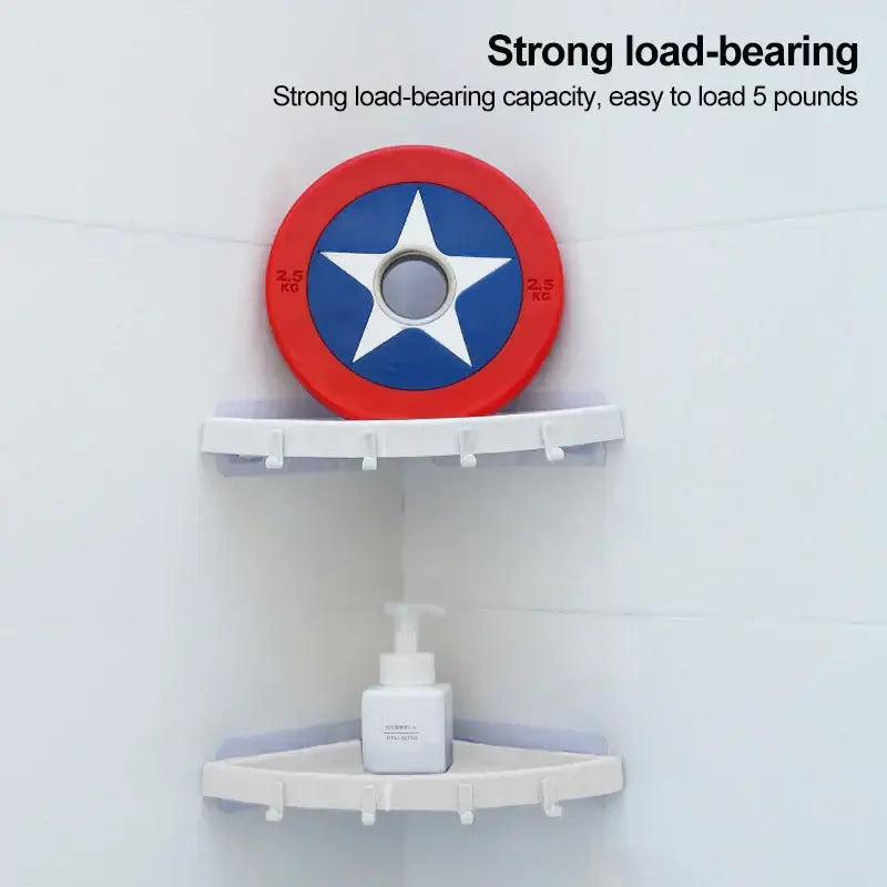 White plastic corner bathroom shelf organizer caddy with hooks holding a red blue and white captain america shield weight plate