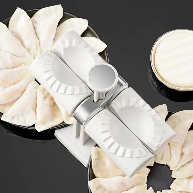 White plastic and metal double head dumplings press with fluted edges ravioli maker kitchen tool