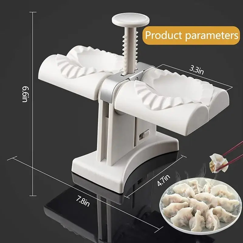 White plastic double head dumplings press and ravioli maker with central screw mechanism and two fluted molds