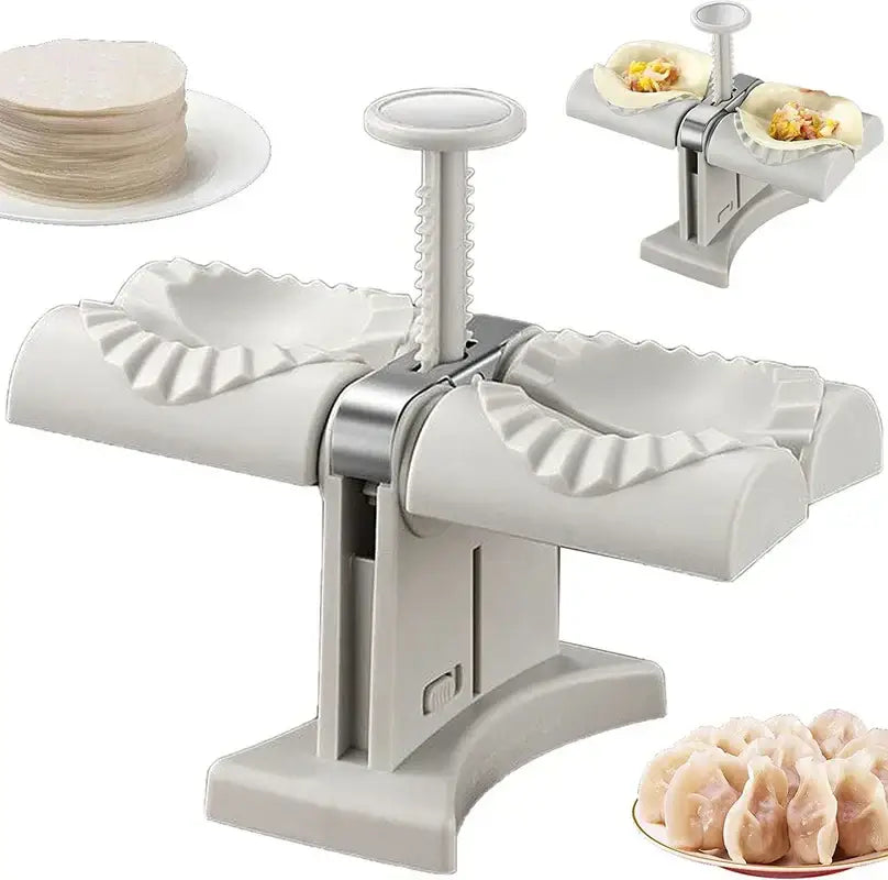 White plastic and metal double head dumplings press with fluted edges for ravioli maker and pleated wrappers