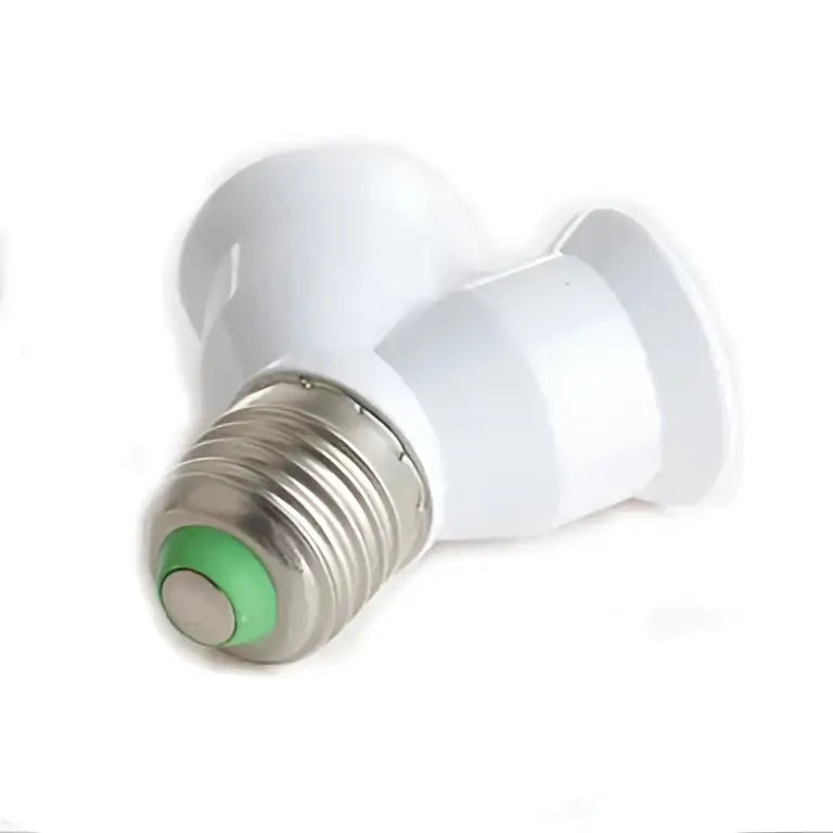 White plastic dual e27 bulb socket converter with metallic screw base and green accent ring for kitchen lighting