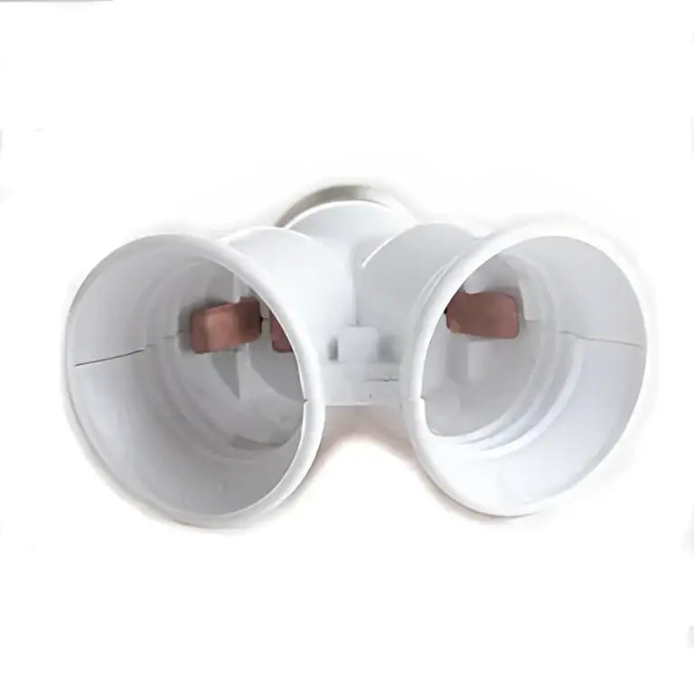 White plastic dual e27 bulb socket converter with copper metal contacts for kitchen light splitter use