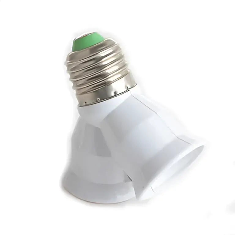 White plastic dual e27 bulb socket converter with green-tipped metal base for kitchen light splitting