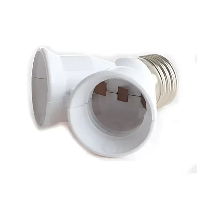 White plastic dual e27 bulb socket converter with metallic threaded base and two electrical contact points for kitchen light splitter