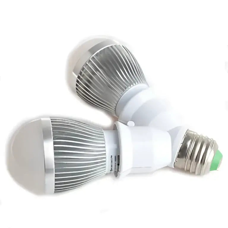 Two white and silver led e27 bulb sockets with ribbed heat sinks and green-tipped screw bases for bulb socket converter