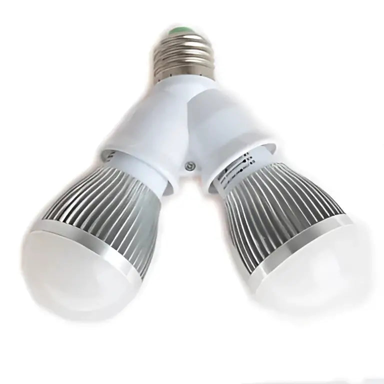 White plastic dual e27 bulb socket converter with silver metallic base and frosted glass bulbs for kitchen lighting