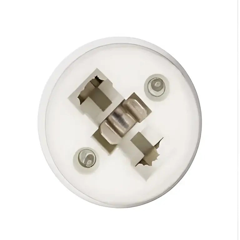 White plastic e14 to g9 converter splitter bulb socket showing white circular lamp socket with metallic contacts and screws