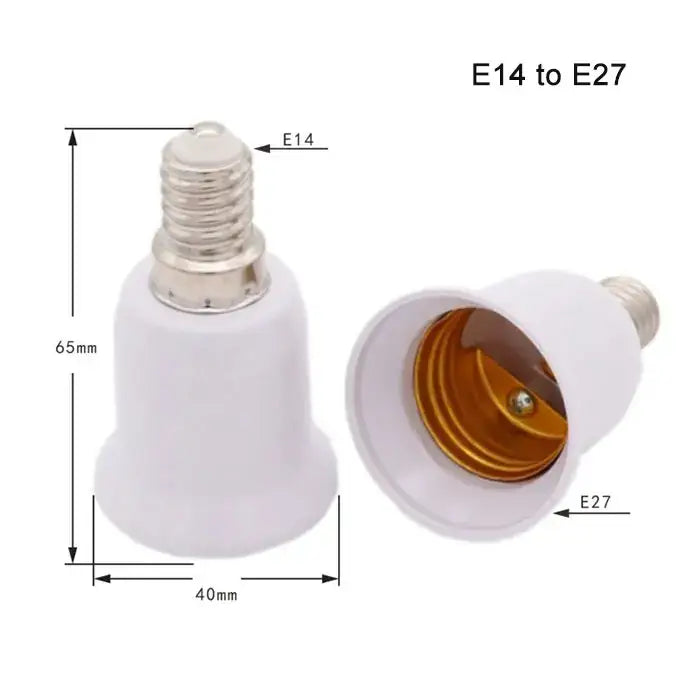 White plastic e14 to e27 lamp adapter with metallic threaded ends for use as an e27 socket extender medium