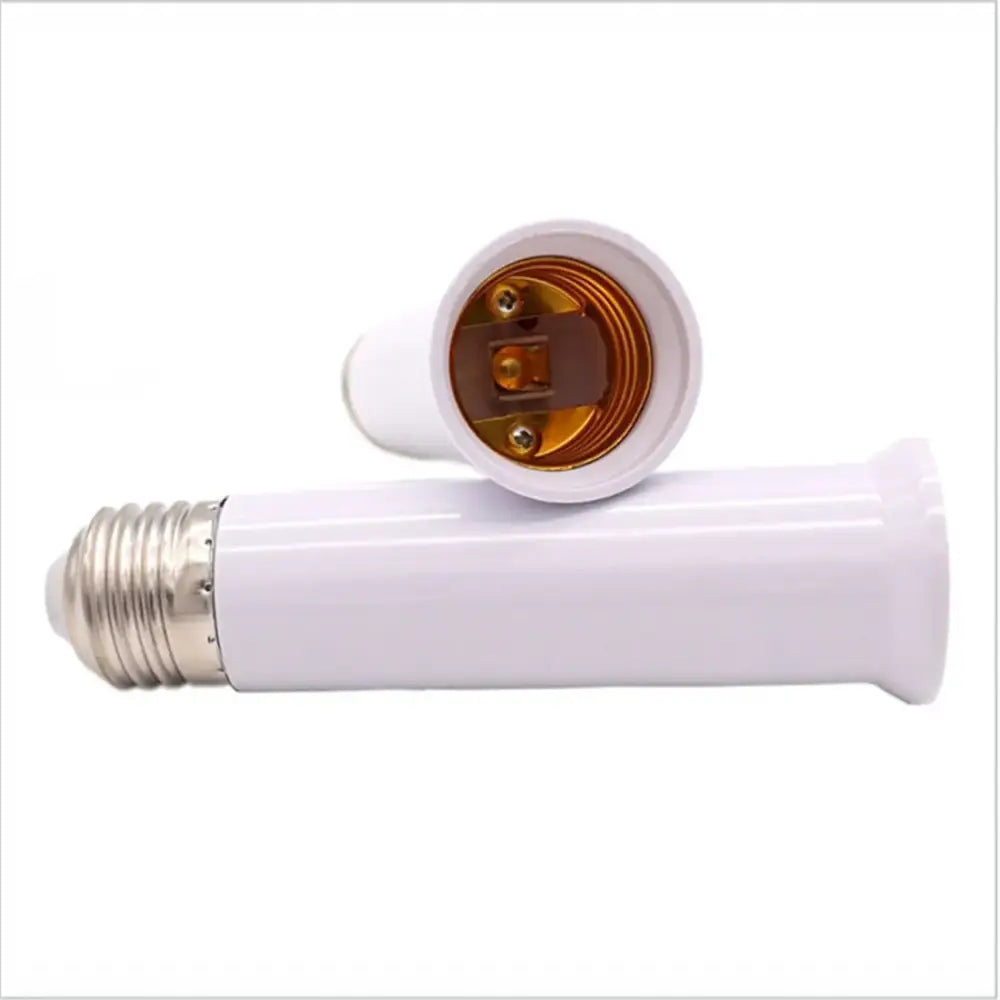 White plastic e27 socket extender lamp adapter with metallic screw base and brass-colored internal contacts for kitchen light fitting
