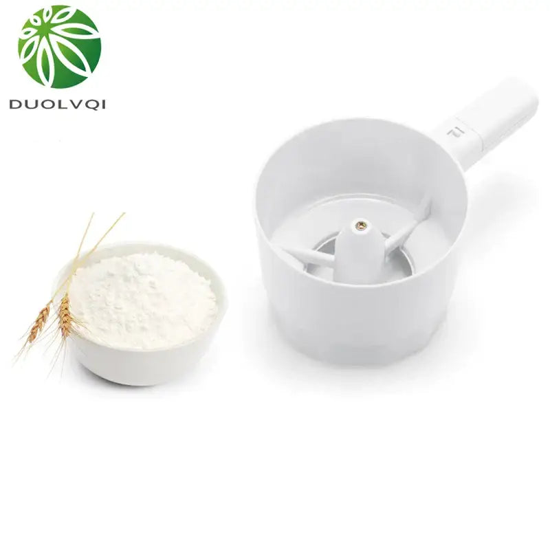 White plastic electric flour sifter shaker with handle and internal spinning mechanism for kitchen use
